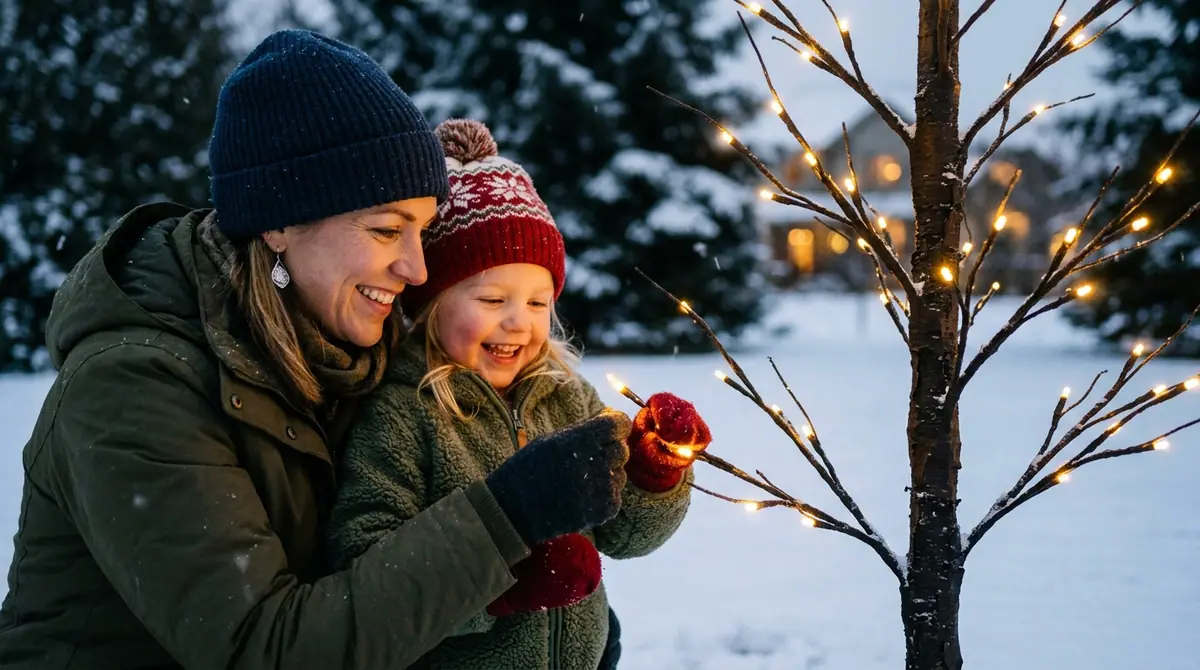 Mother and child adjusting lights
