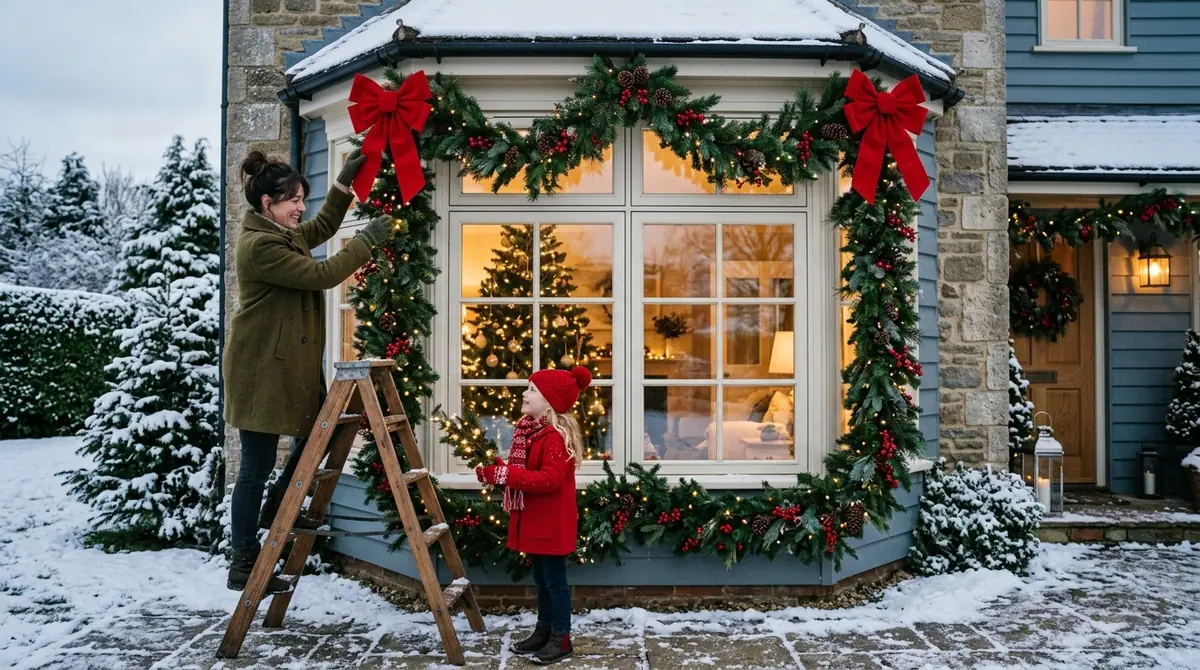 Mother and daughter hanging garland