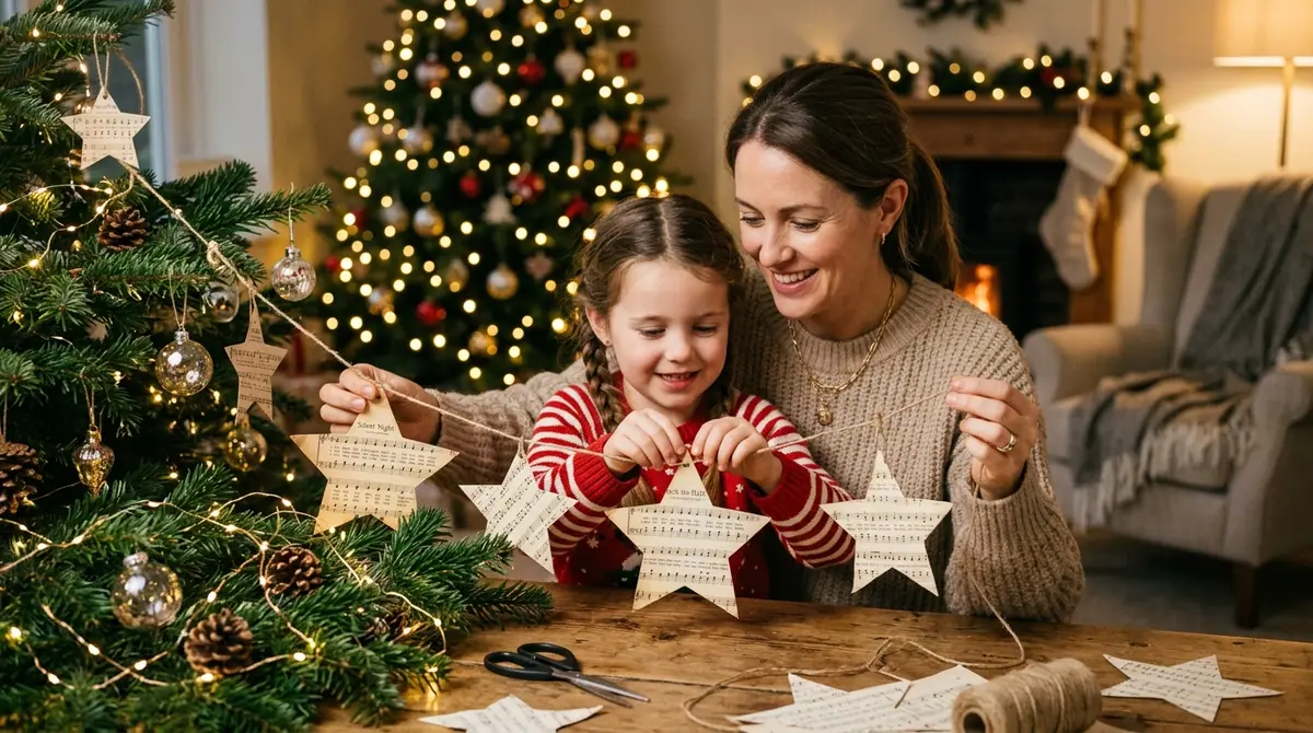 Mother and daughter making garland