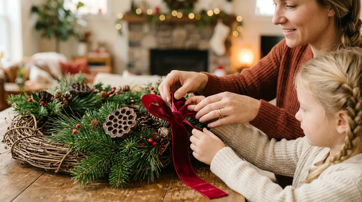Mother and daughter making wreath