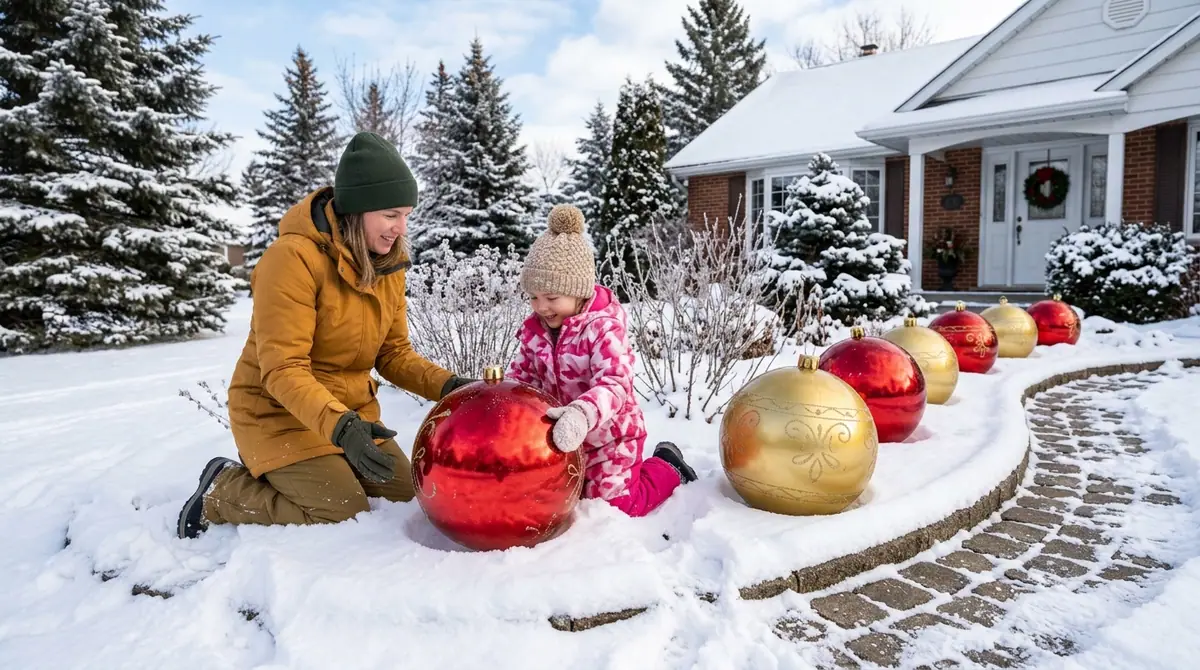 Mother and daughter placing baubles
