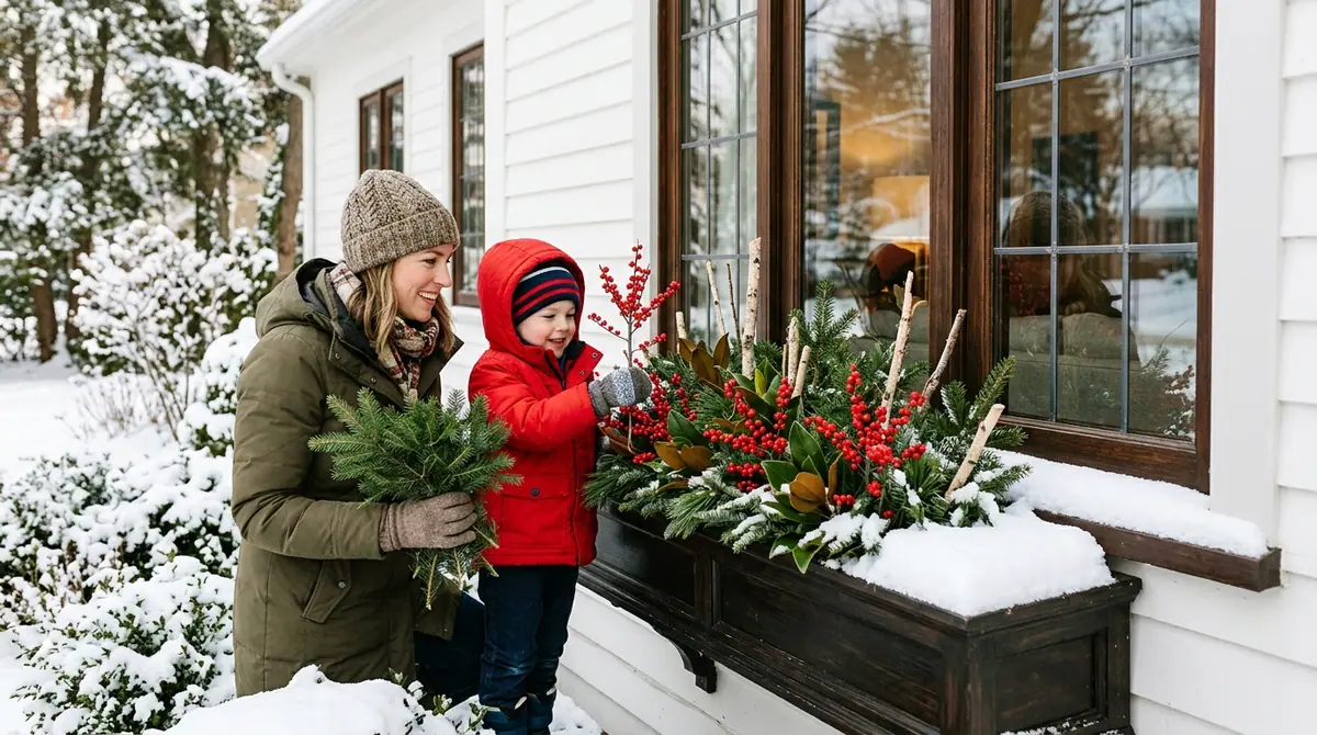 Mother and son filling planter