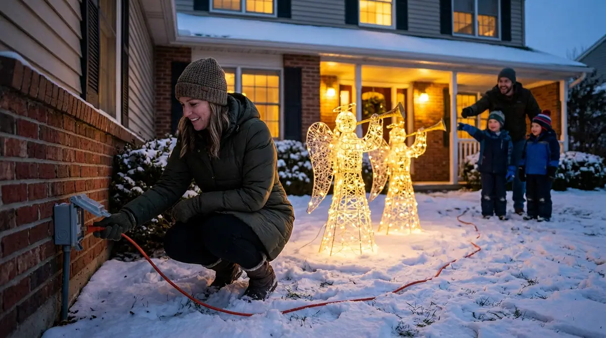 Mother plugging in outdoor decor