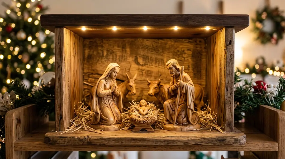 Nativity scene in wooden stable