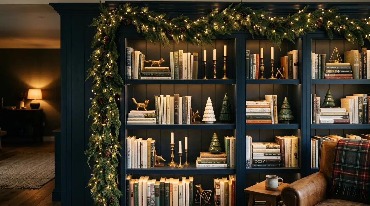 Navy bookshelves decorated with