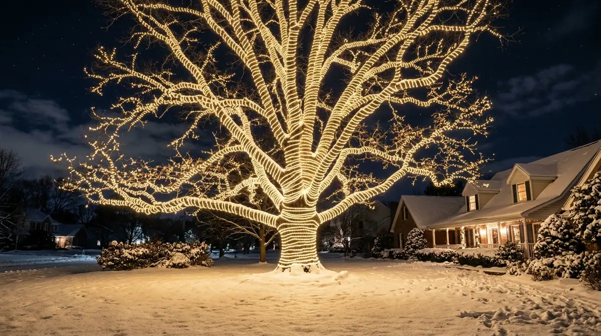 Oak tree wrapped in lights