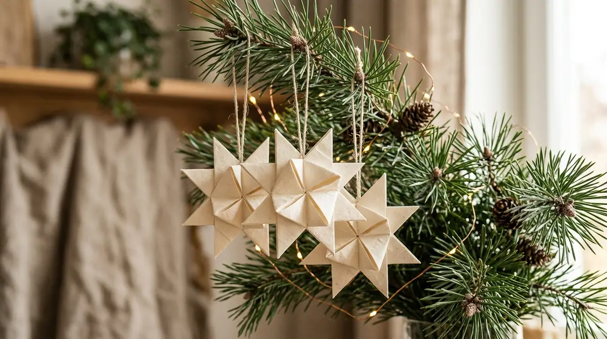 Paper stars hanging on branch