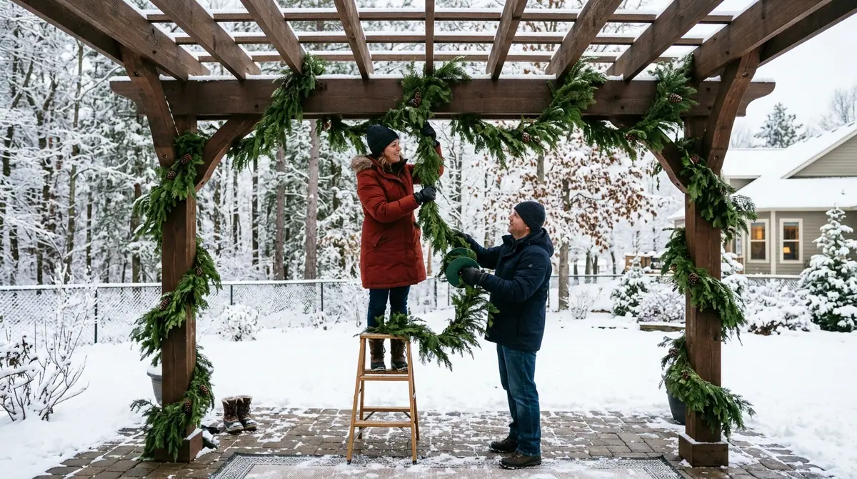 Parents decorating outdoor patio