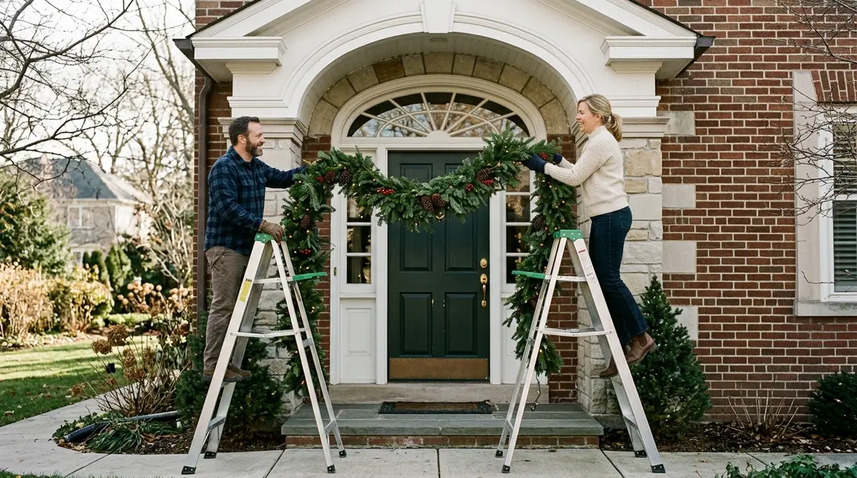 Parents hanging garland on doorway
