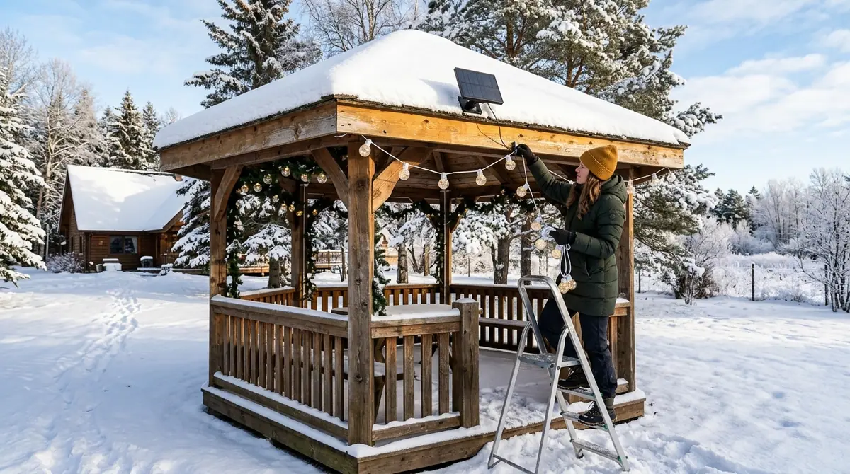 Person decorating gazebo with li