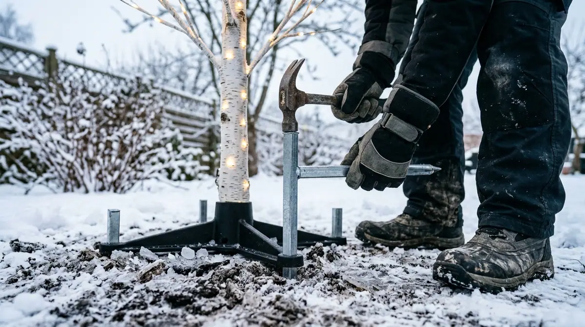 Person hammering led tree stake