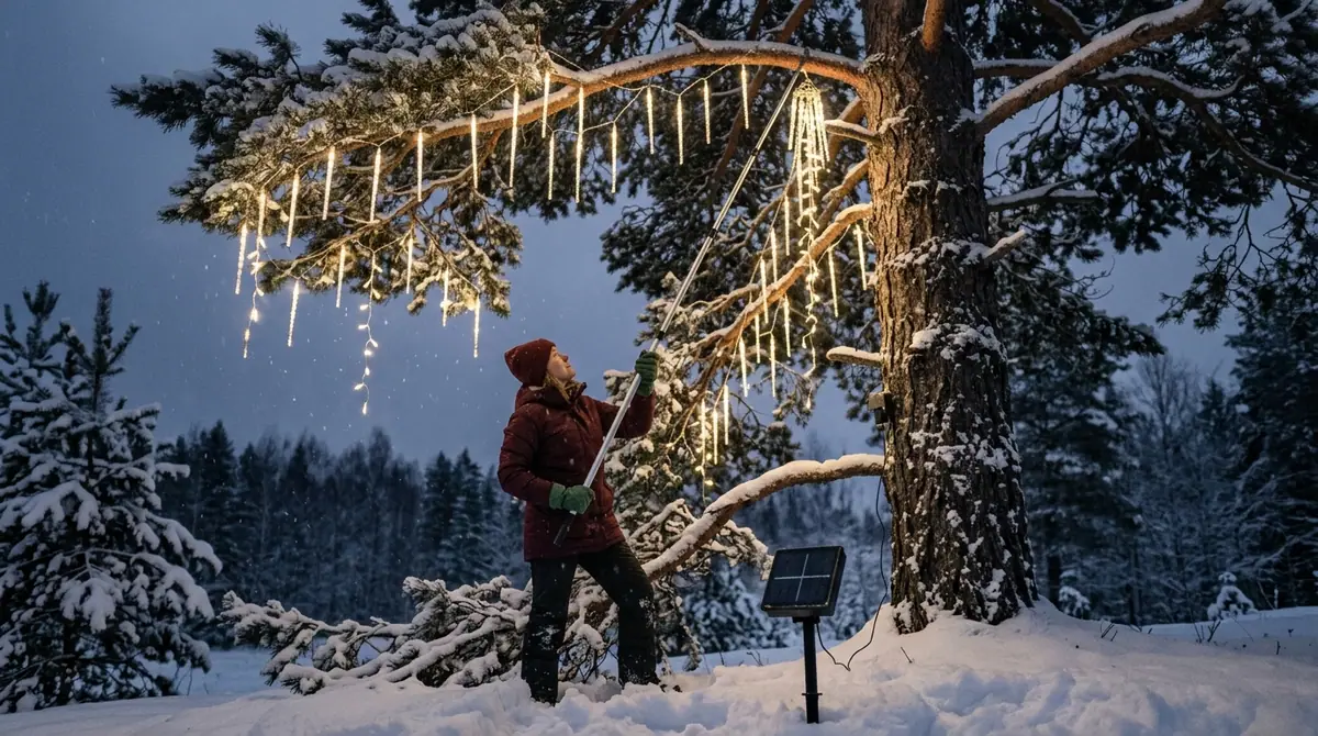 Person hanging lights in tree