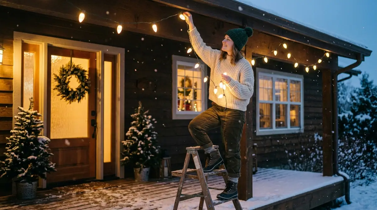 Person hanging porch lights