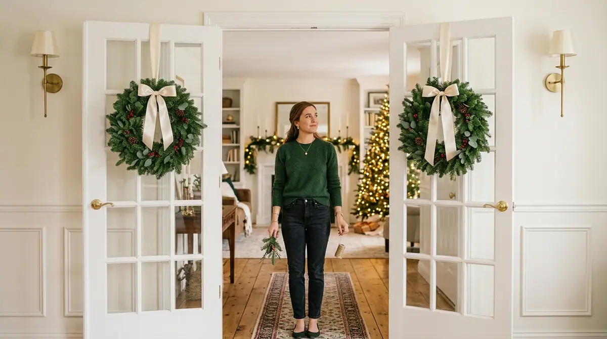 Person hanging twin wreaths