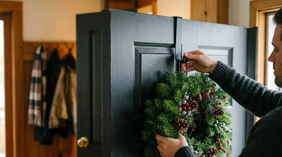 Person hanging wreath on door