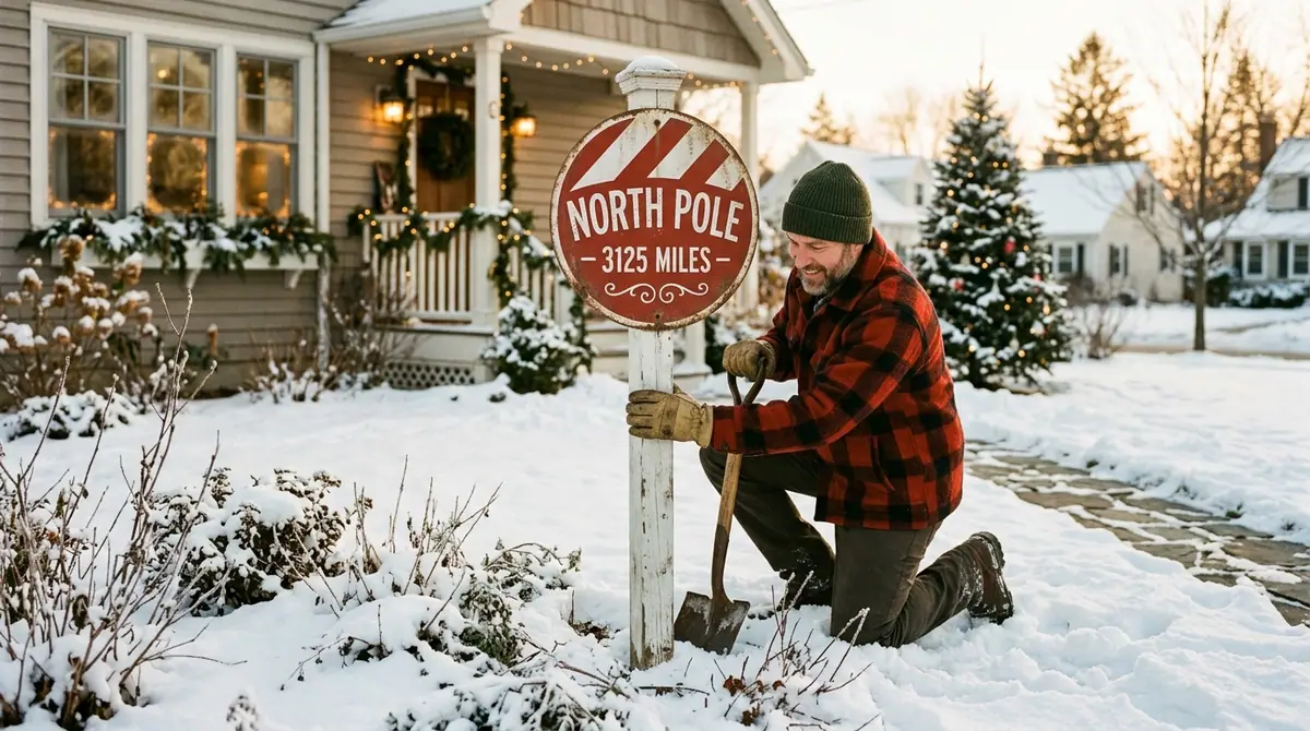Person installing north pole sign
