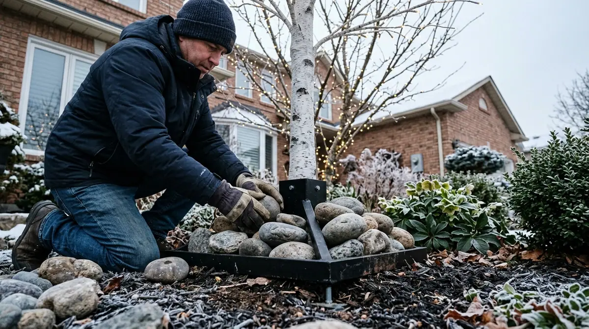 Person placing rocks on stand