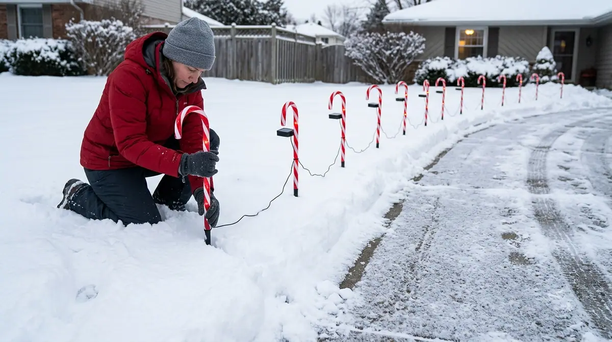 Person placing solar candy canes