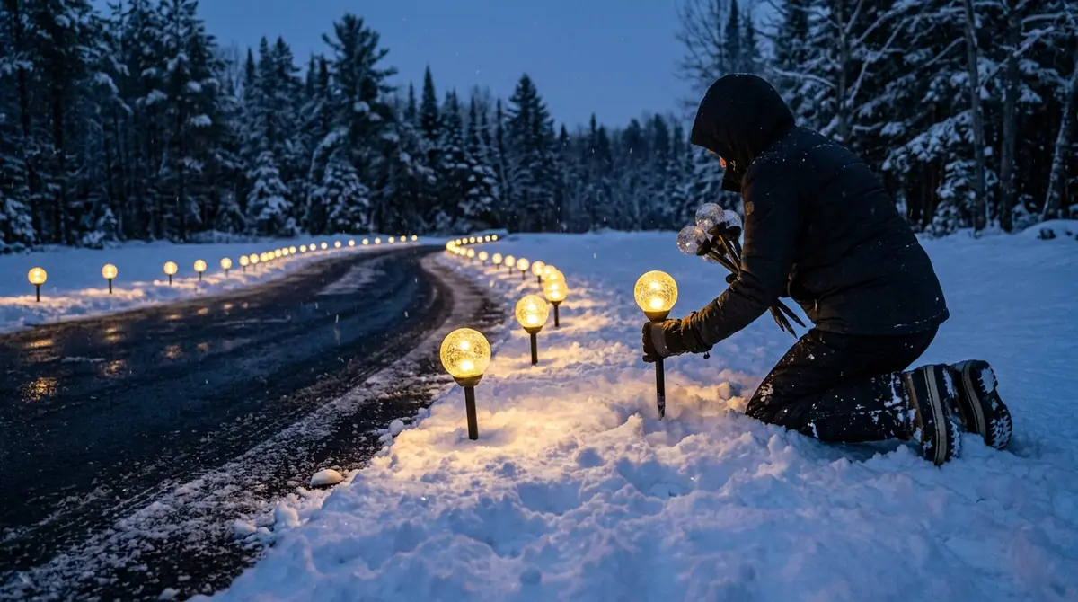 Person placing solar globe stakes