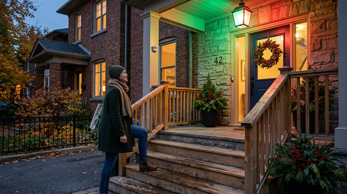 Person stepping onto porch steps