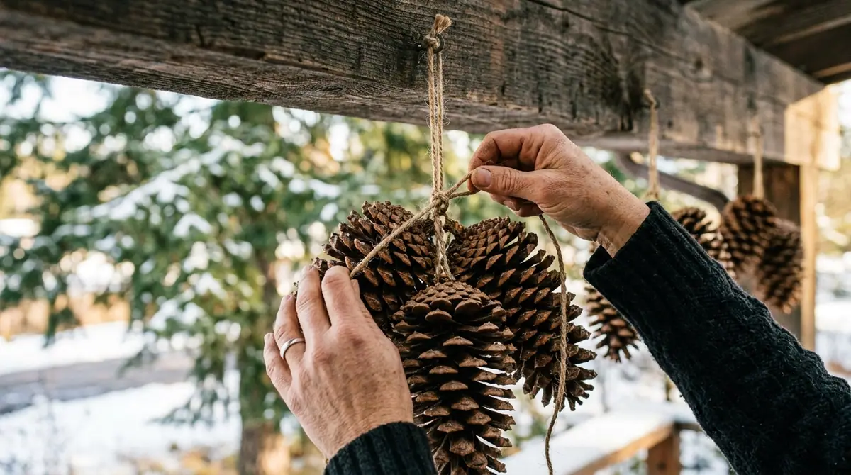 Person tying pinecones with string