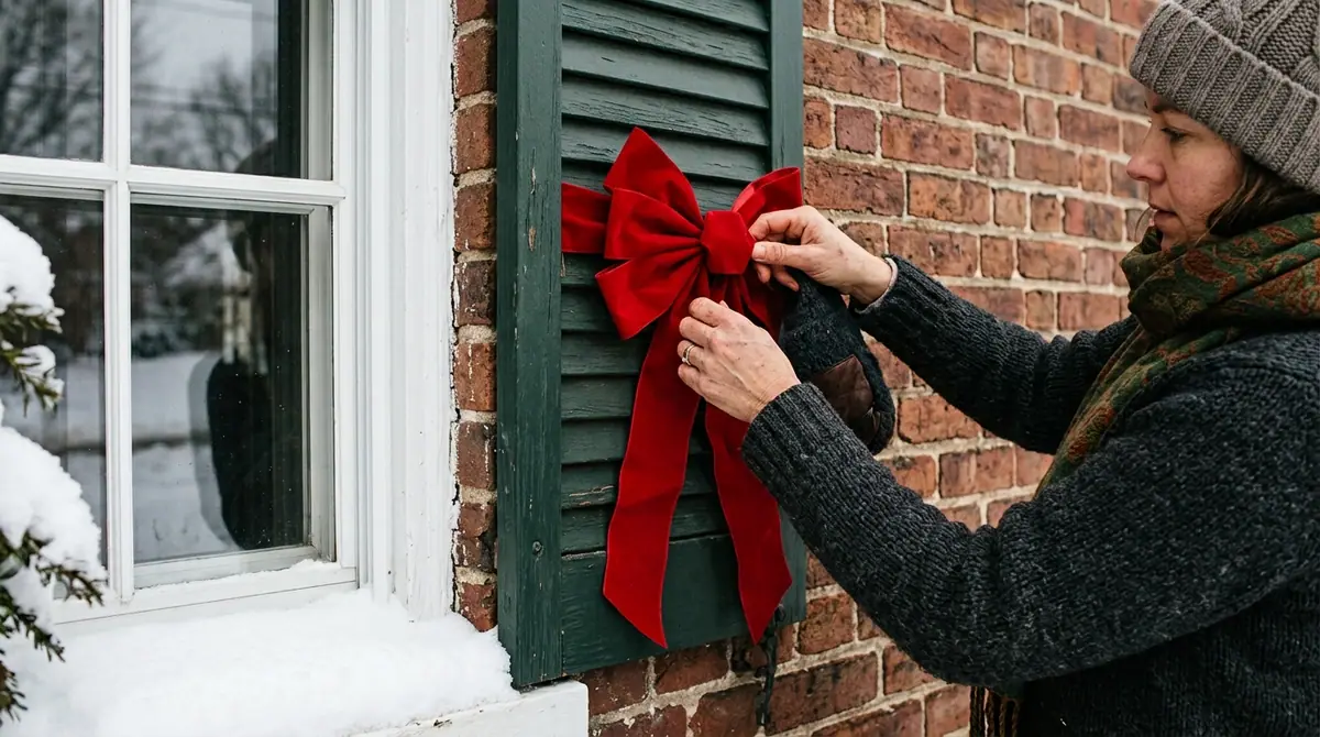 Person tying red velvet bow