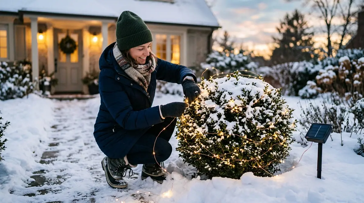 Person wrapping lights around shrub