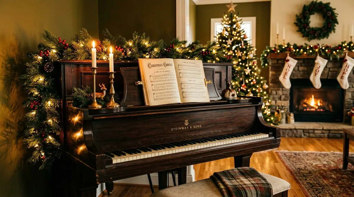 Piano decorated with christmas g