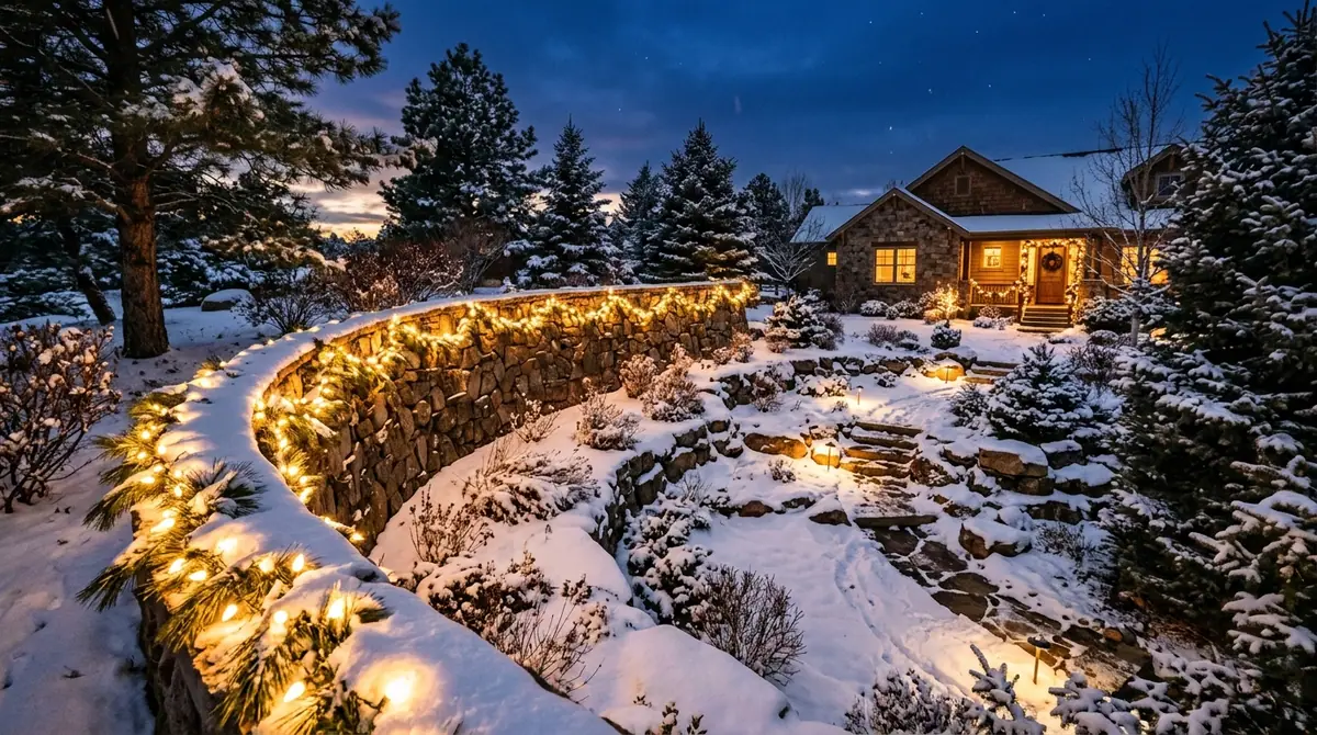 Pine garland on stone wall