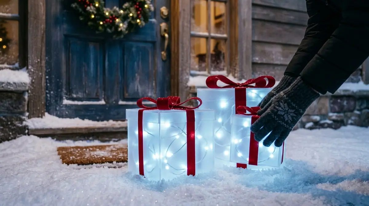 Placing acrylic present boxes snow