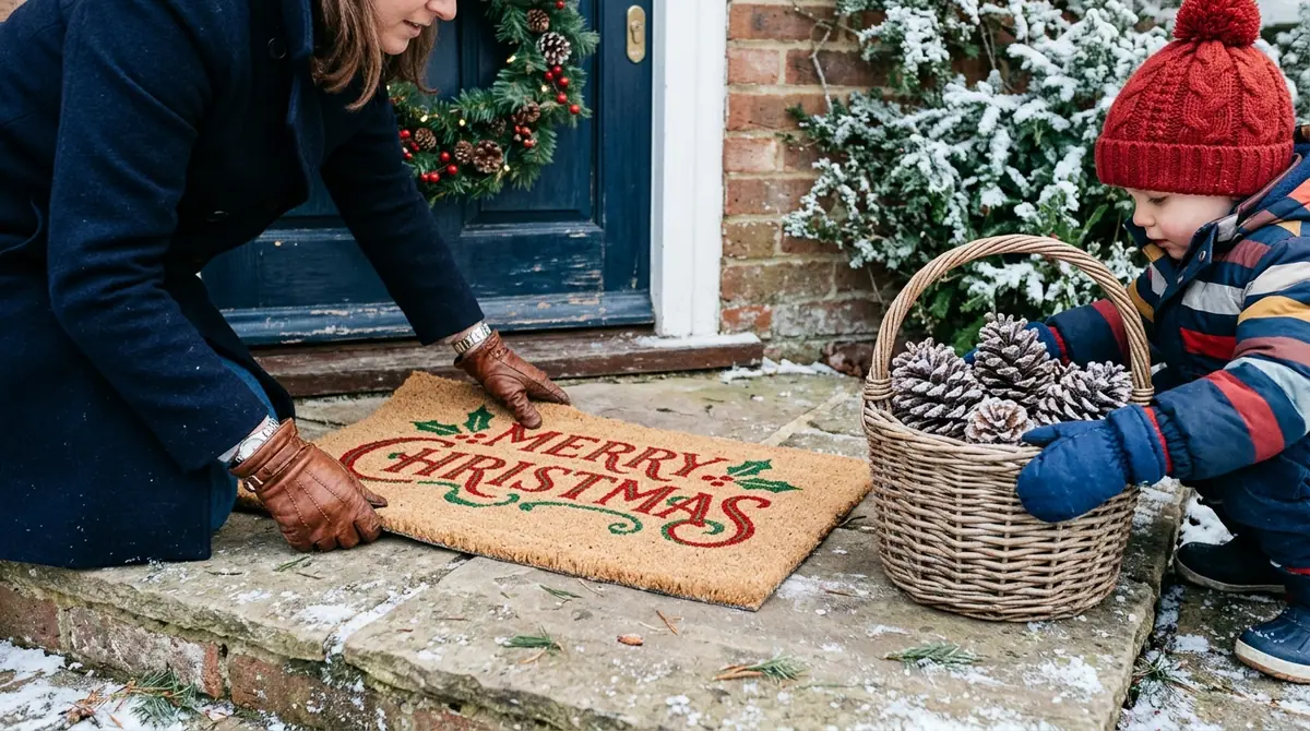Placing christmas welcome mat an