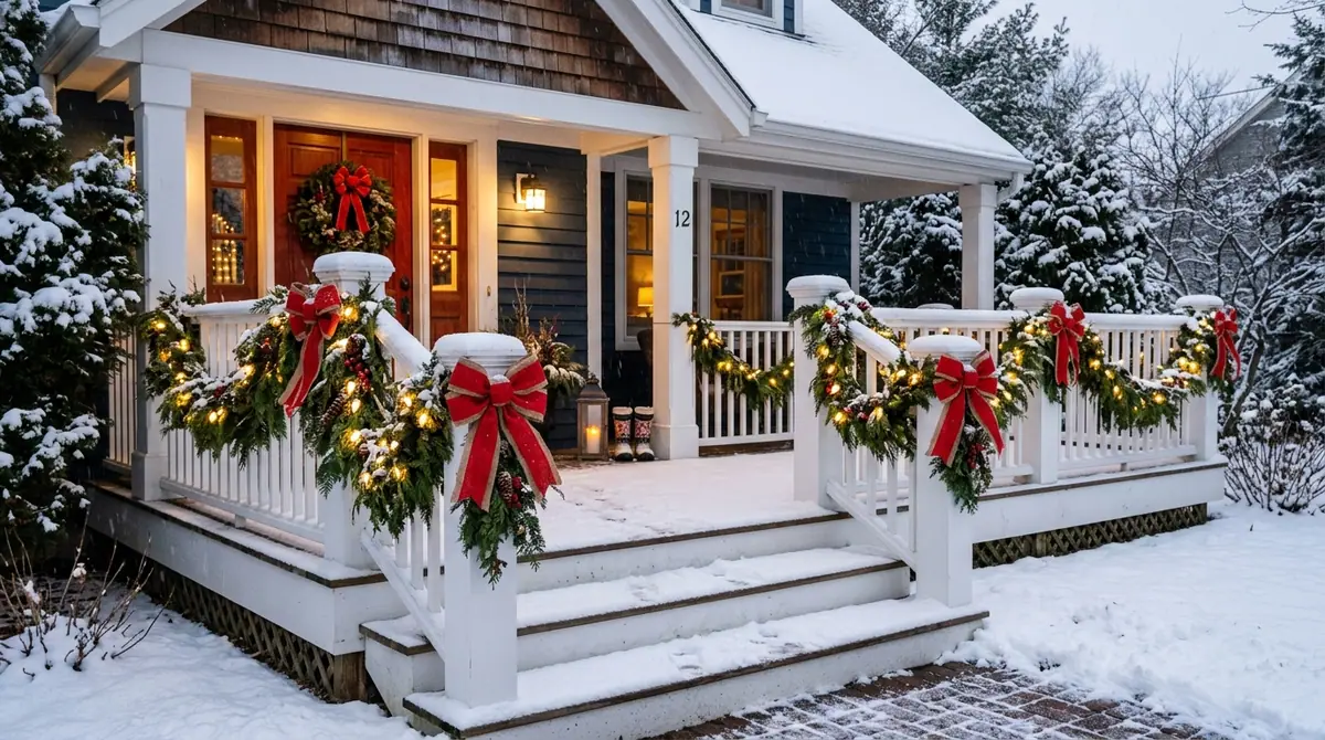 Porch decorated with holiday gar
