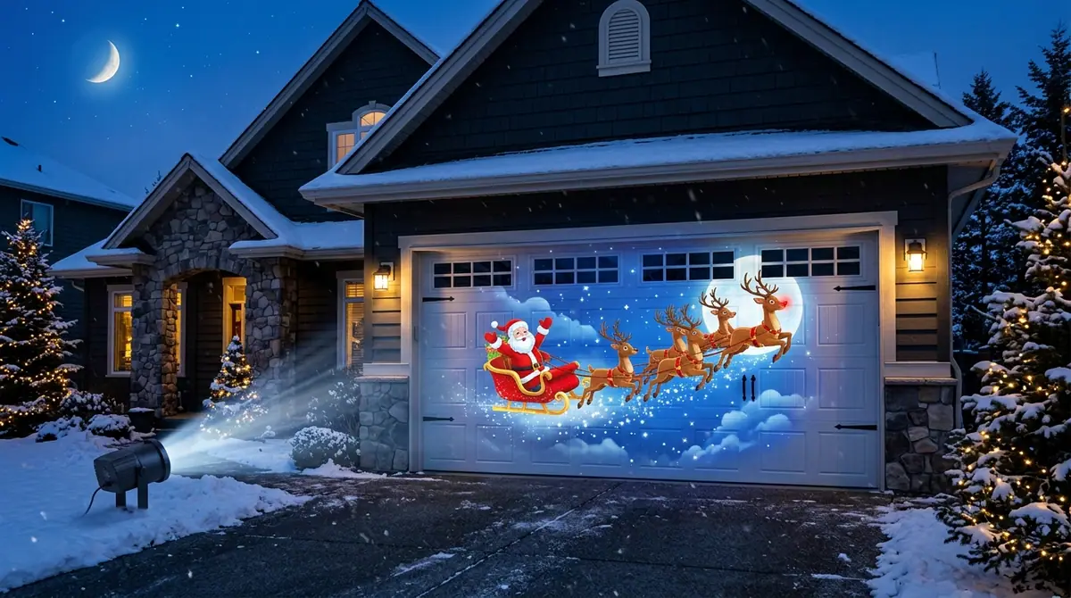 Projector casting santa on garag