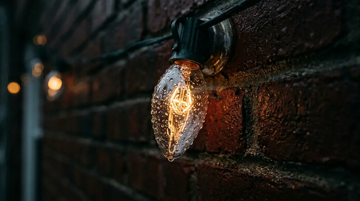 Raindrops on bulb on wall