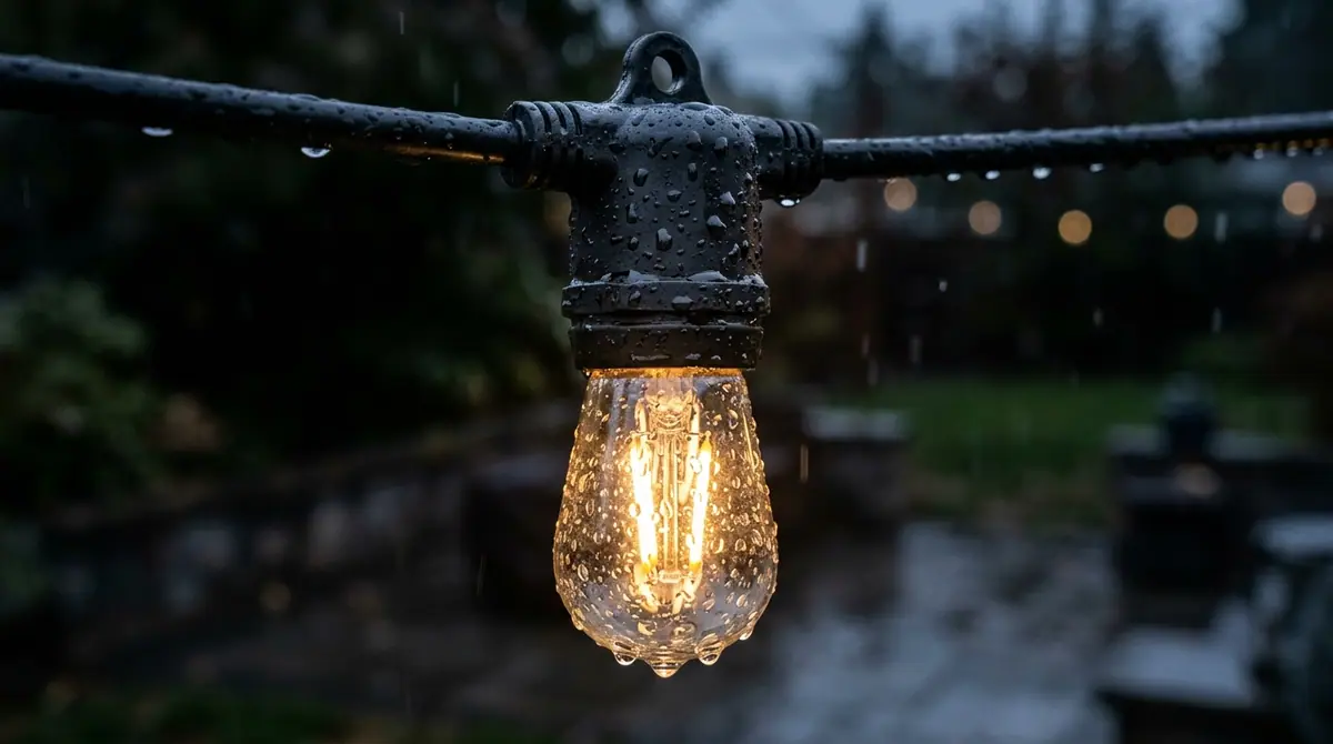 Raindrops on outdoor light bulb
