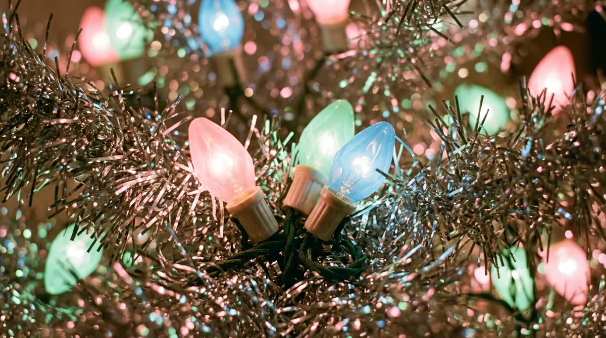 Retro christmas bulbs on tinsel