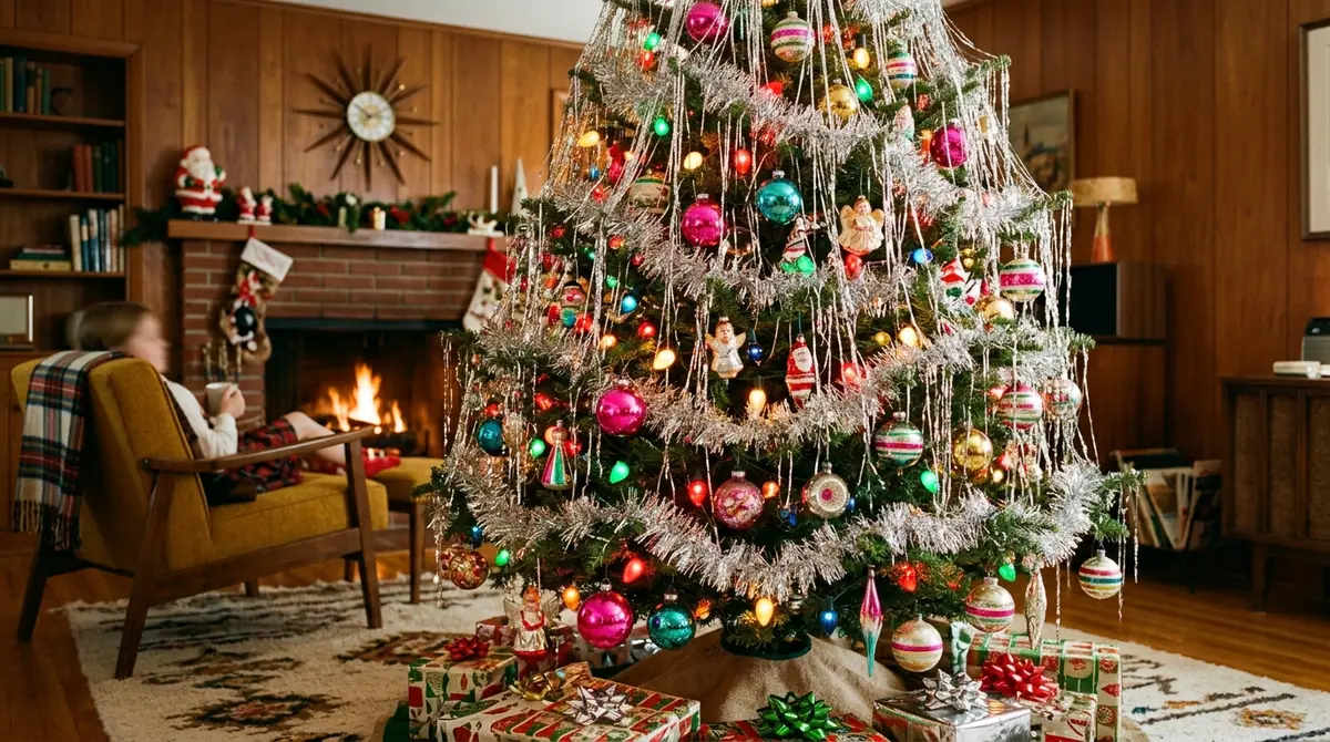 Retro christmas tree with ornaments