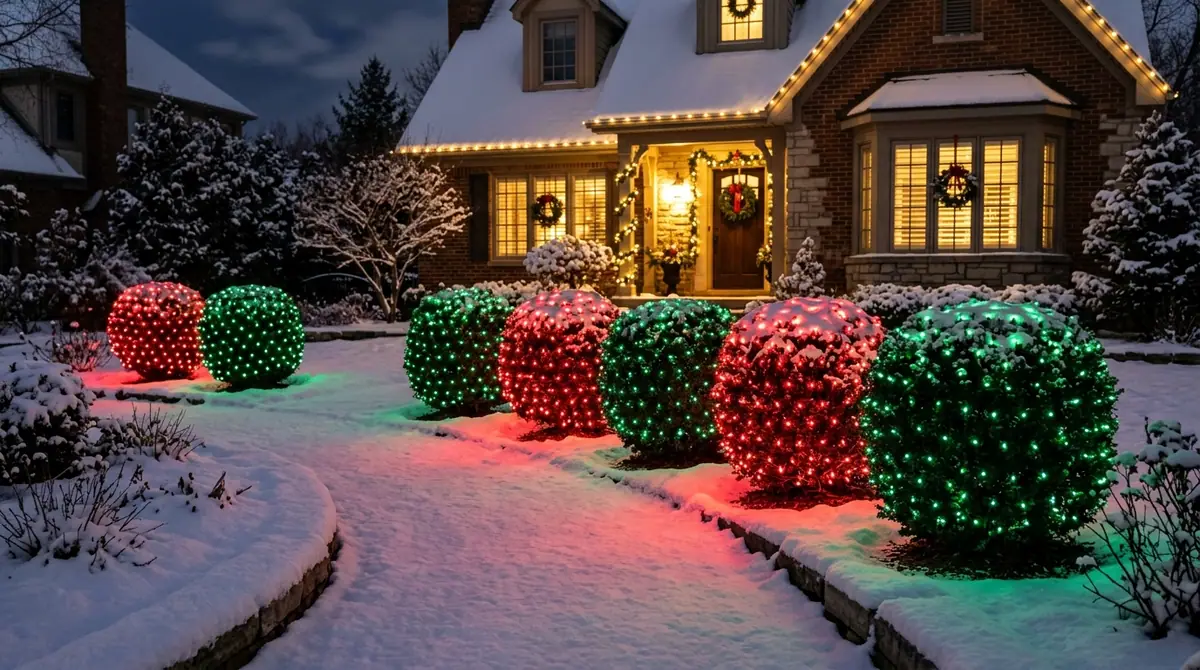 Shrubs wrapped in net lights