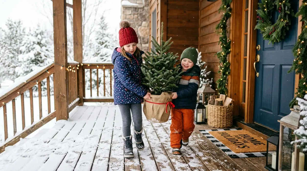 Siblings carrying potted tree