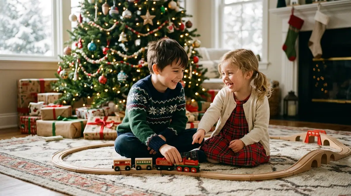 Siblings playing with toy train