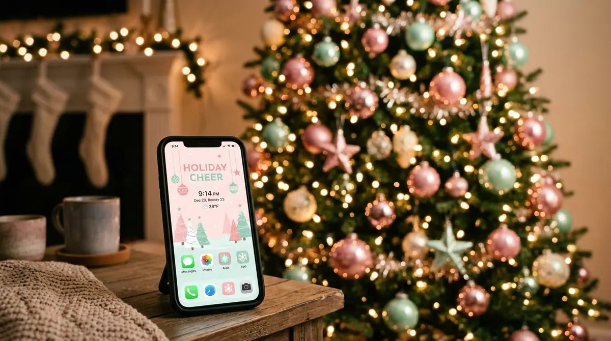 Smartphone glowing near christma