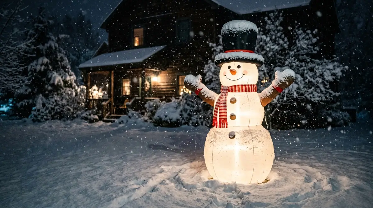 Snow falling on inflatable snowman