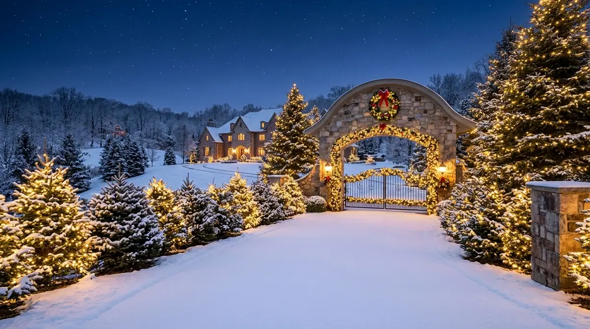 Snowy estate driveway with lights