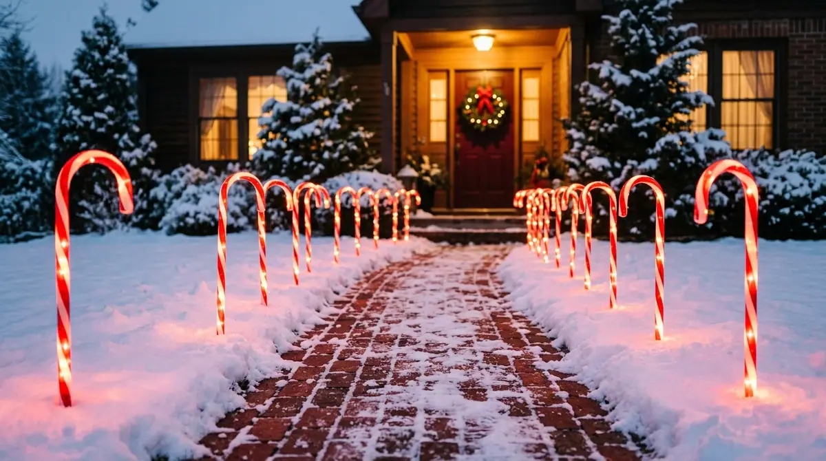Snowy walkway with candy canes
