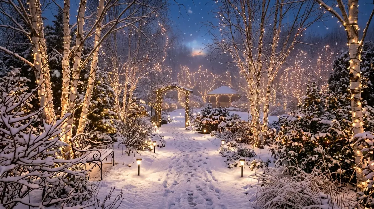 Snowy winter garden at twilight