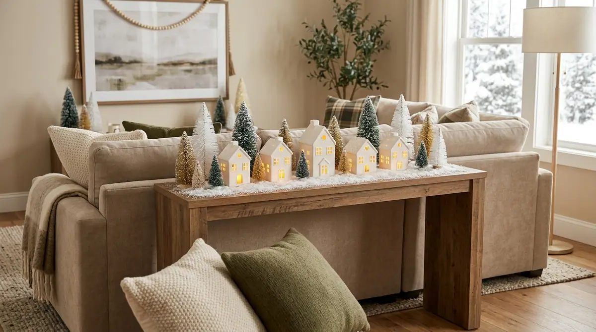 Sofa console table with lanterns