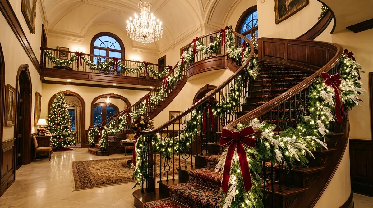 Staircase decorated with garland