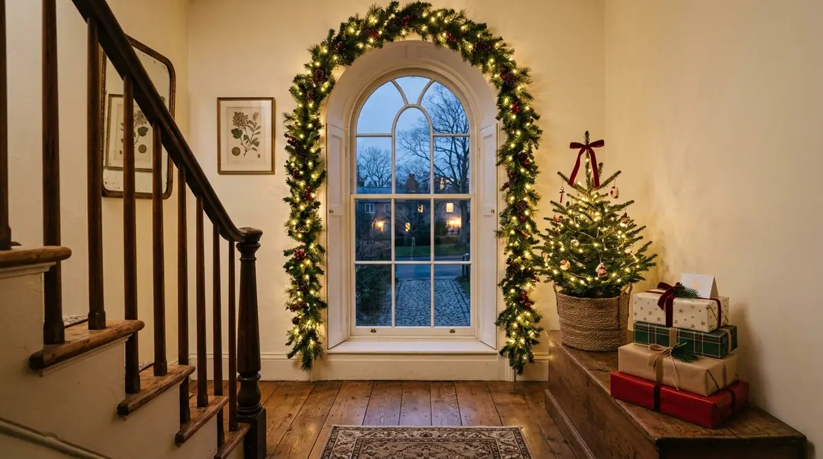 Staircase landing with holiday d