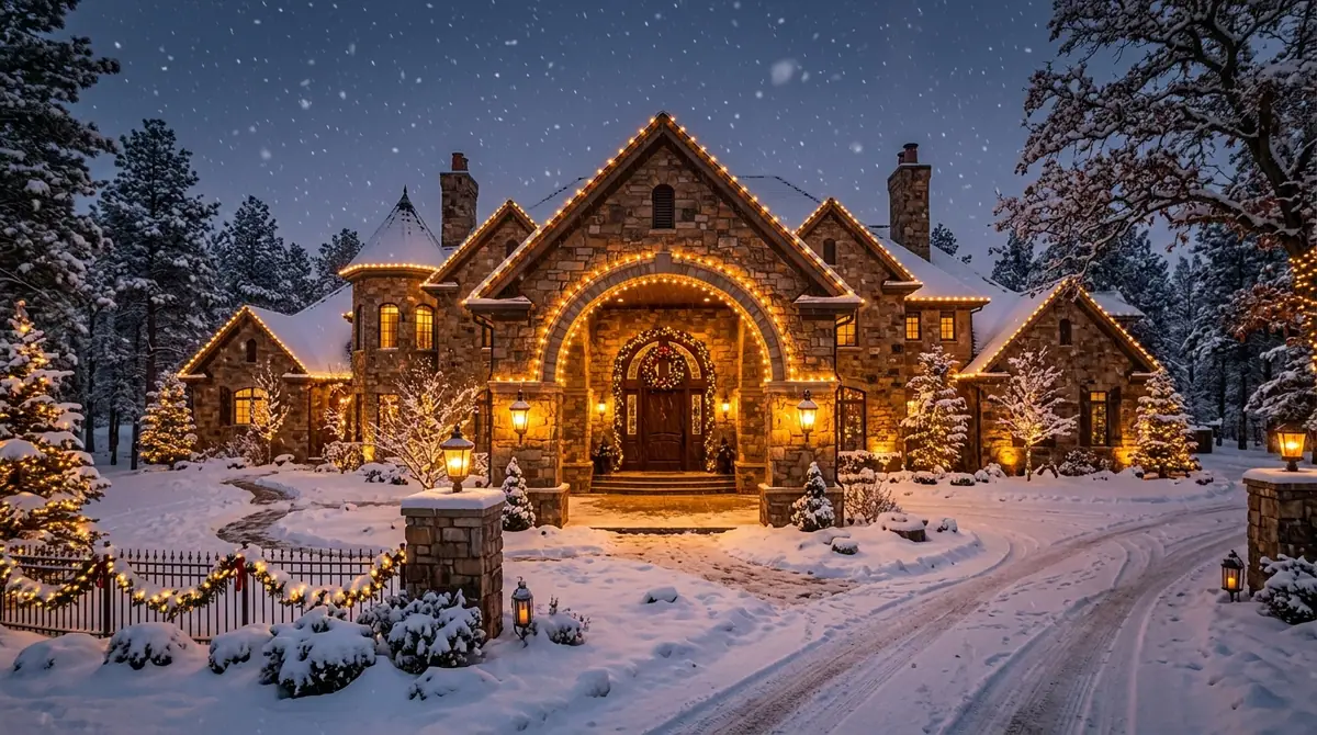 Stone estate with holiday lights