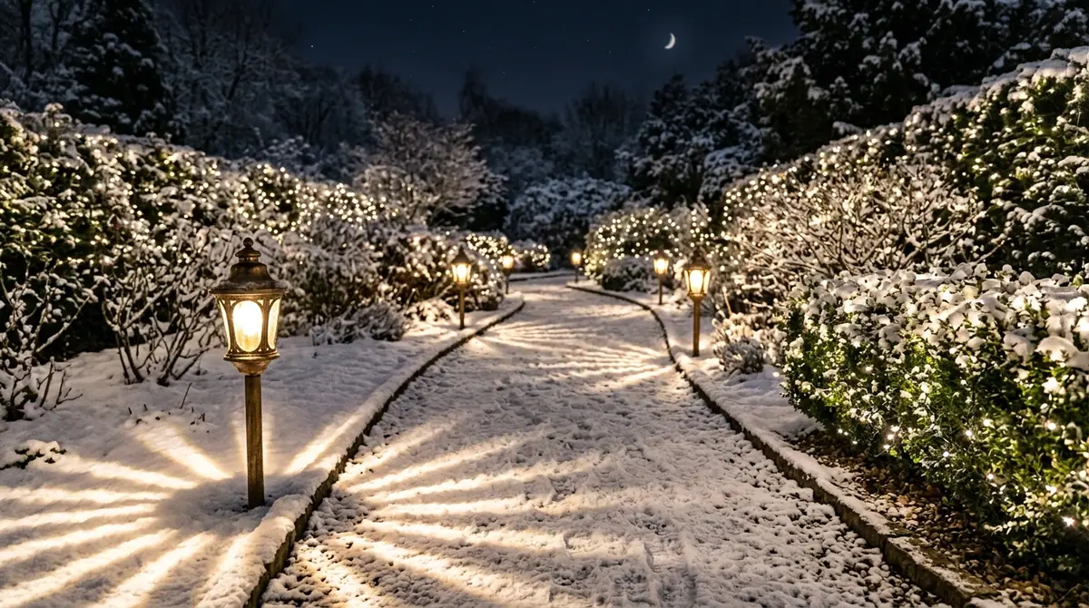 Stonework pathway with lights in